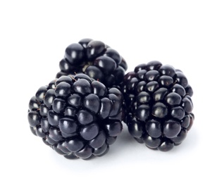 Photo of Fresh ripe juicy blackberries on white background