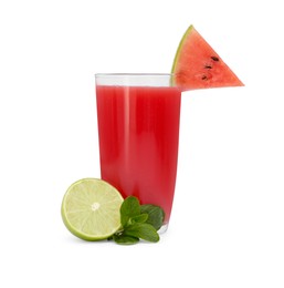 Photo of Delicious drink with piece of fresh watermelon, mint and lime isolated on white