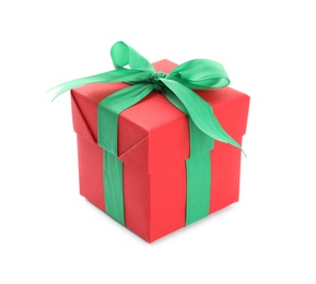 Photo of Christmas gift box decorated with green bow isolated on white