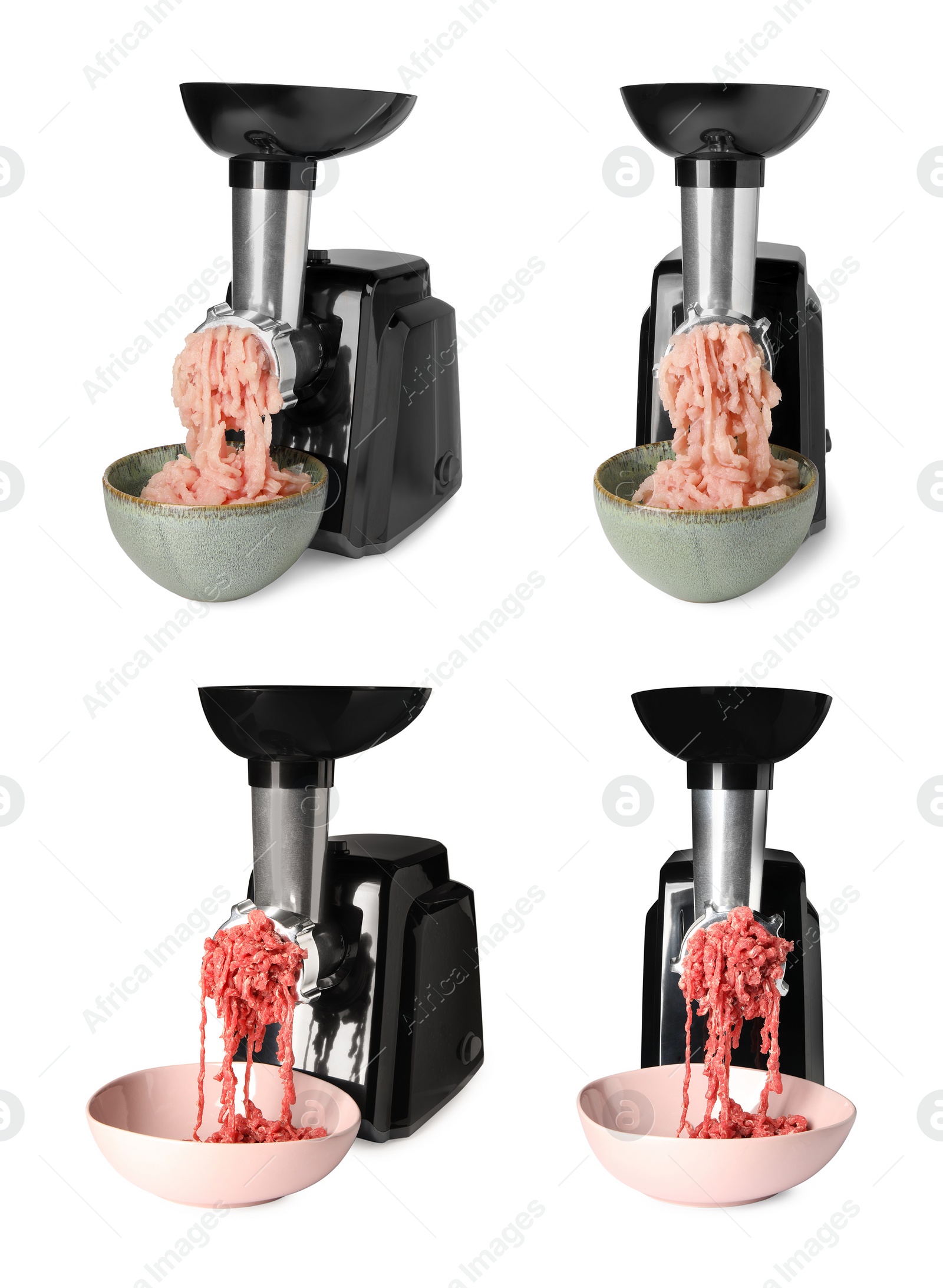 Image of Mincing chicken and beef with electric meat grinder on white background, set