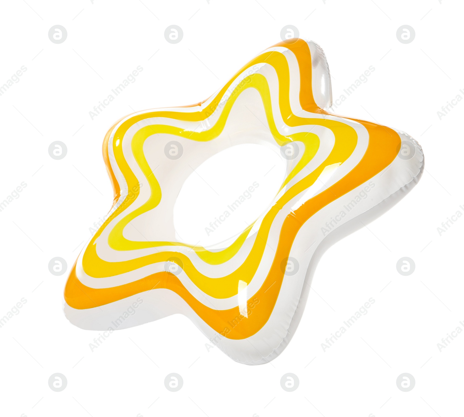 Photo of Bright star-shaped inflatable ring on white background. Summer holidays