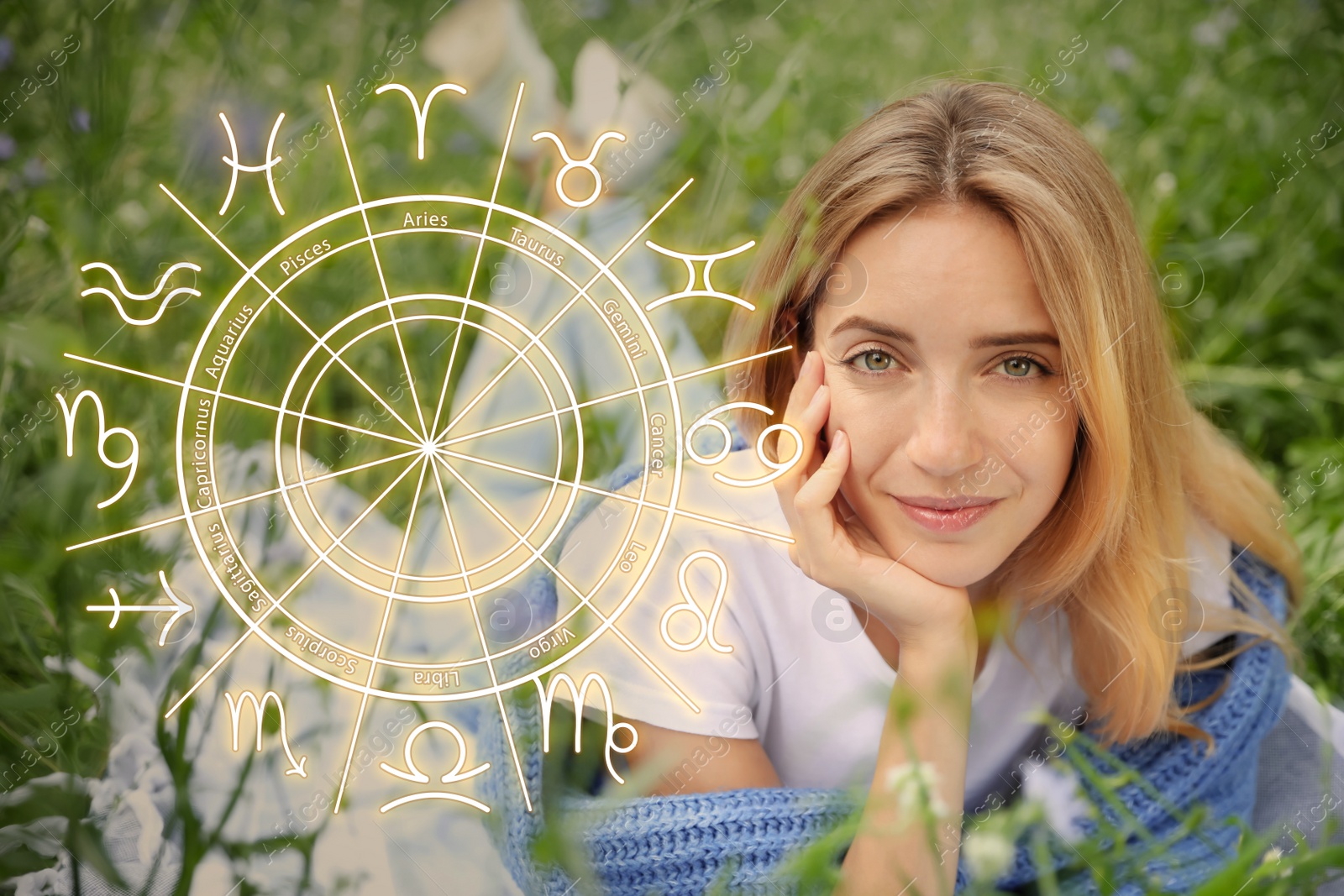 Image of Beautiful young woman outdoors and illustration of zodiac wheel with astrological signs