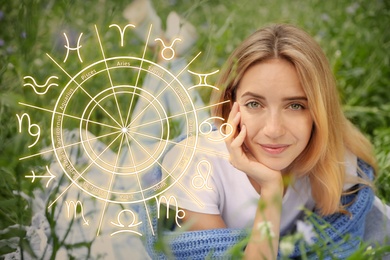 Image of Beautiful young woman outdoors and illustration of zodiac wheel with astrological signs