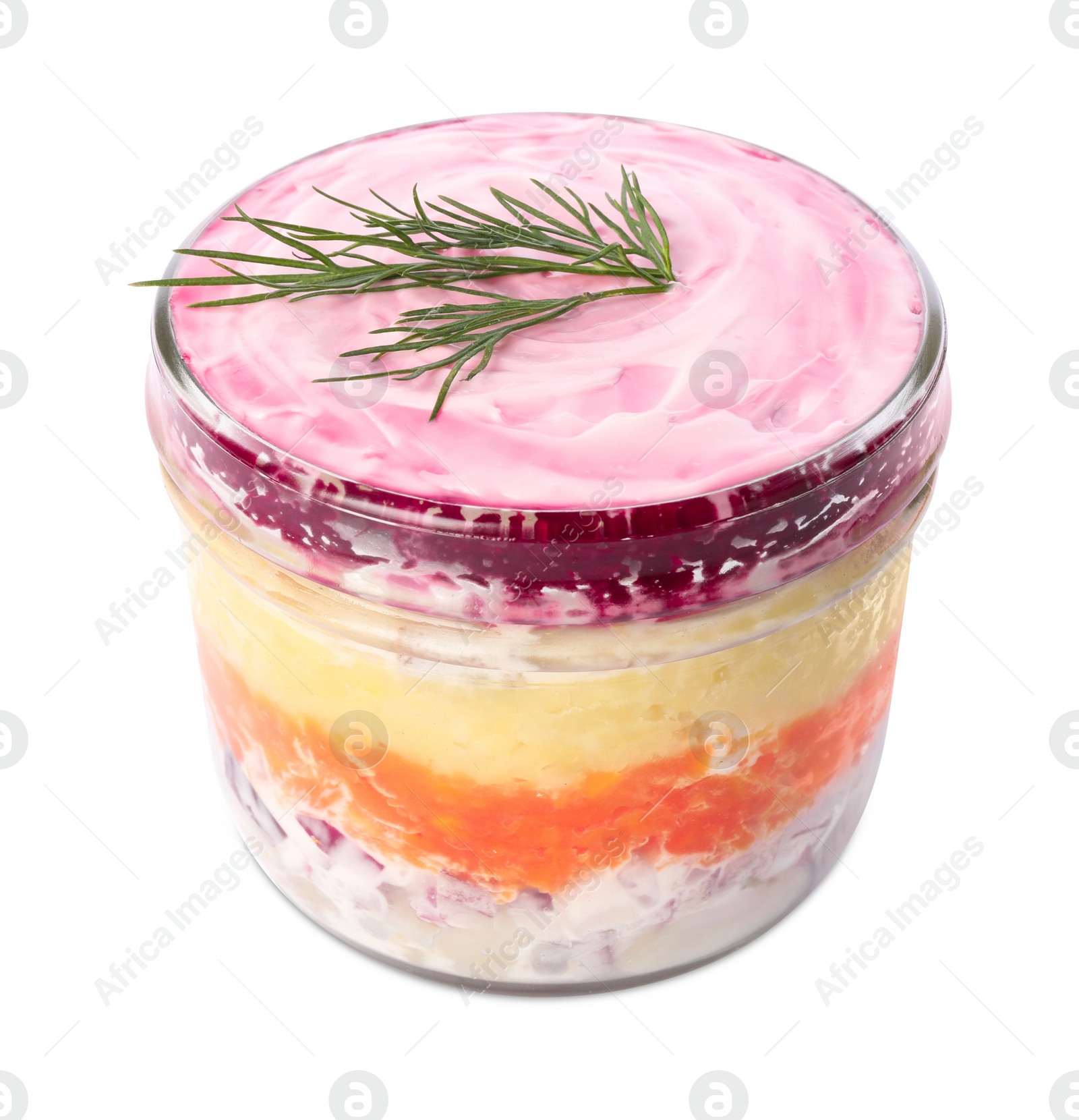 Photo of Jar with herring under fur coat isolated on white. Traditional Russian salad