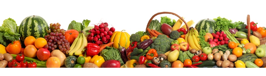 Image of Collection of fresh organic vegetables and fruits on white background. Banner design 