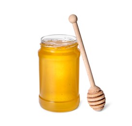 Photo of Tasty natural honey in glass jar and dipper isolated on white