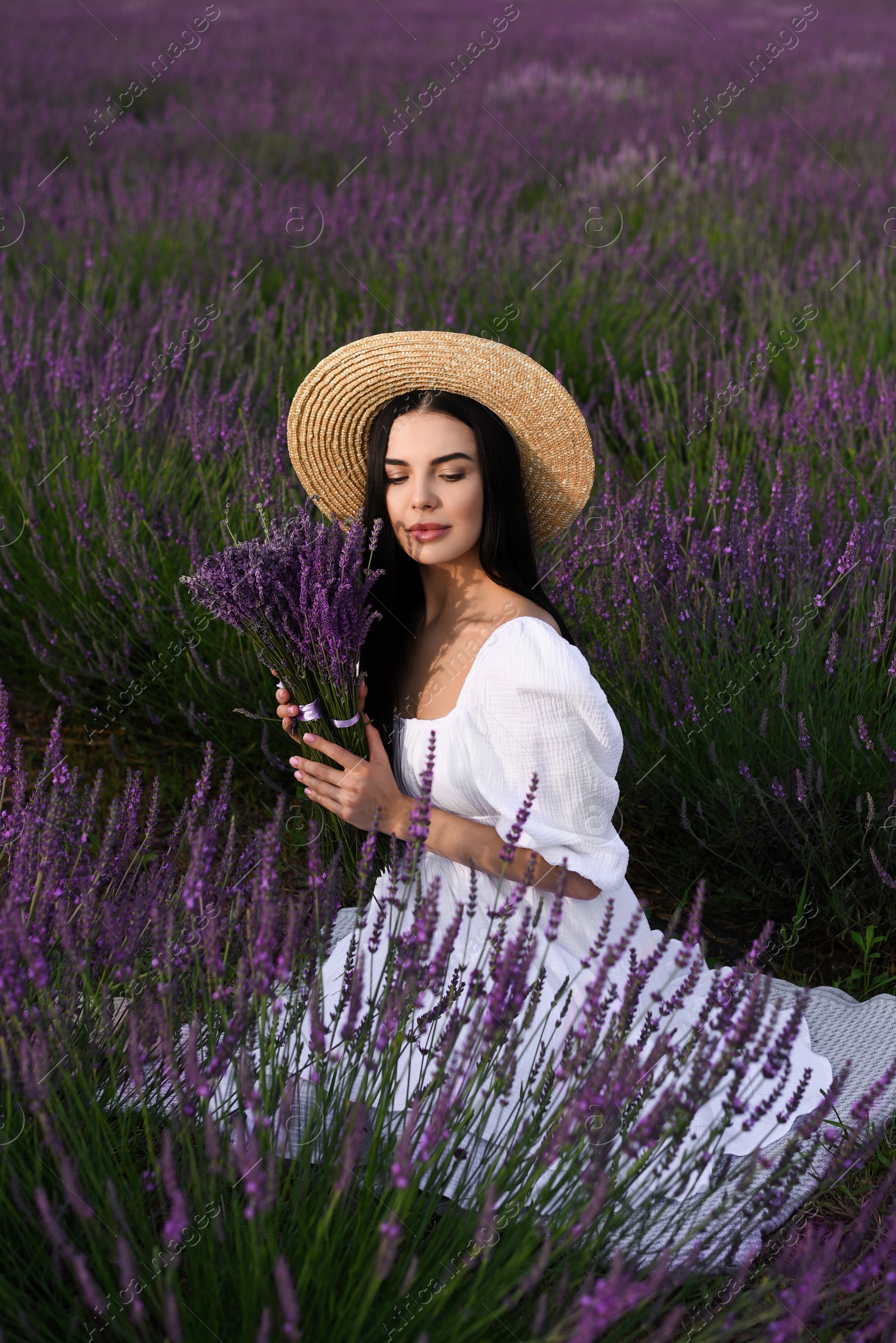 Photo of Beautiful young woman sitting in lavender field