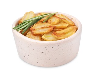 Fried garlic cloves and rosemary in bowl isolated on white
