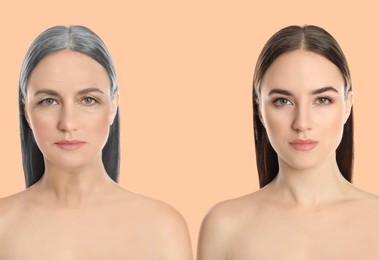 Image of Natural aging, comparison. Portraits of woman in young and old ages on beige background