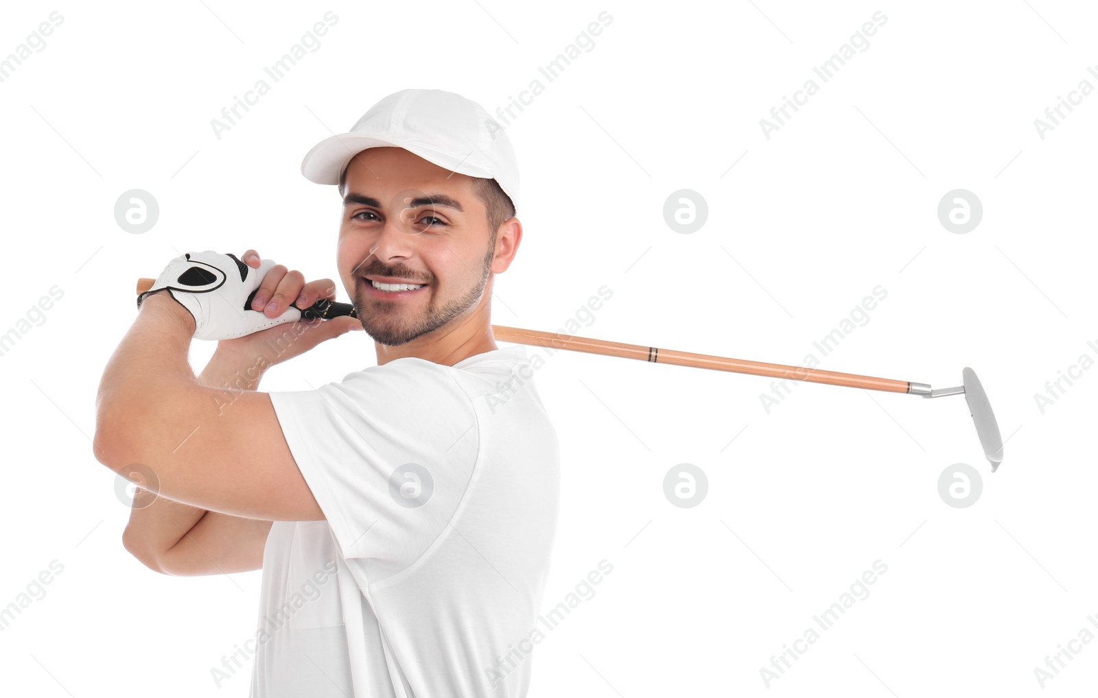 Photo of Young man playing golf on white background