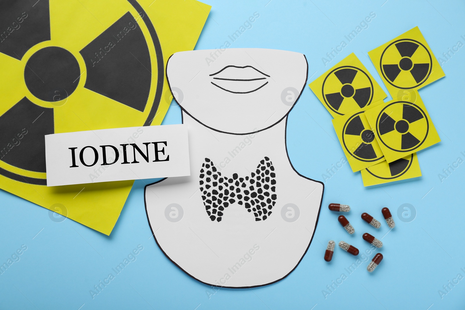 Photo of Paper note with word Iodine, radiation signs, cutout of thyroid gland and pills on light blue background, flat lay