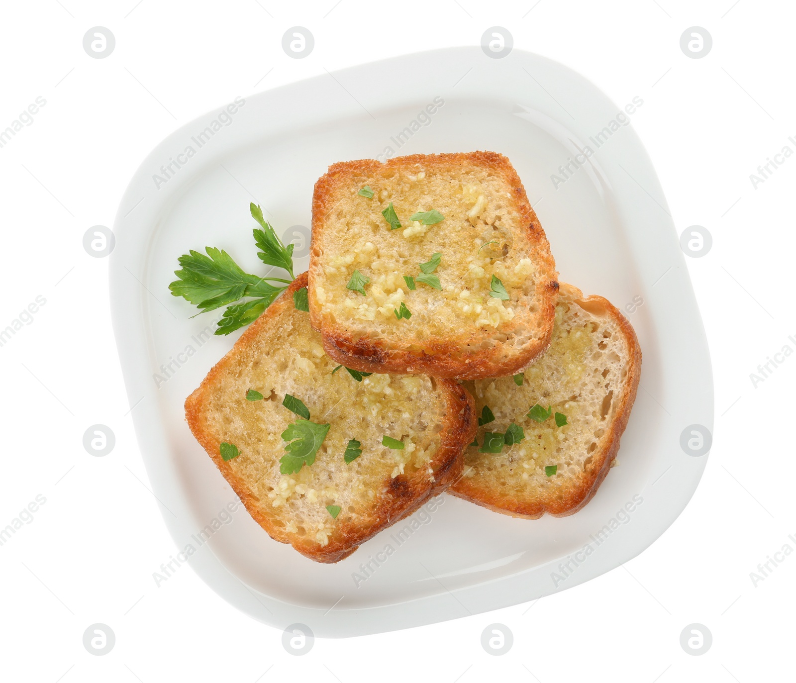 Photo of Slices of toasted bread with garlic and herb on white background, top view