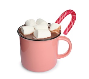 Photo of Cup of delicious hot chocolate with marshmallows  and candy cane isolated on white