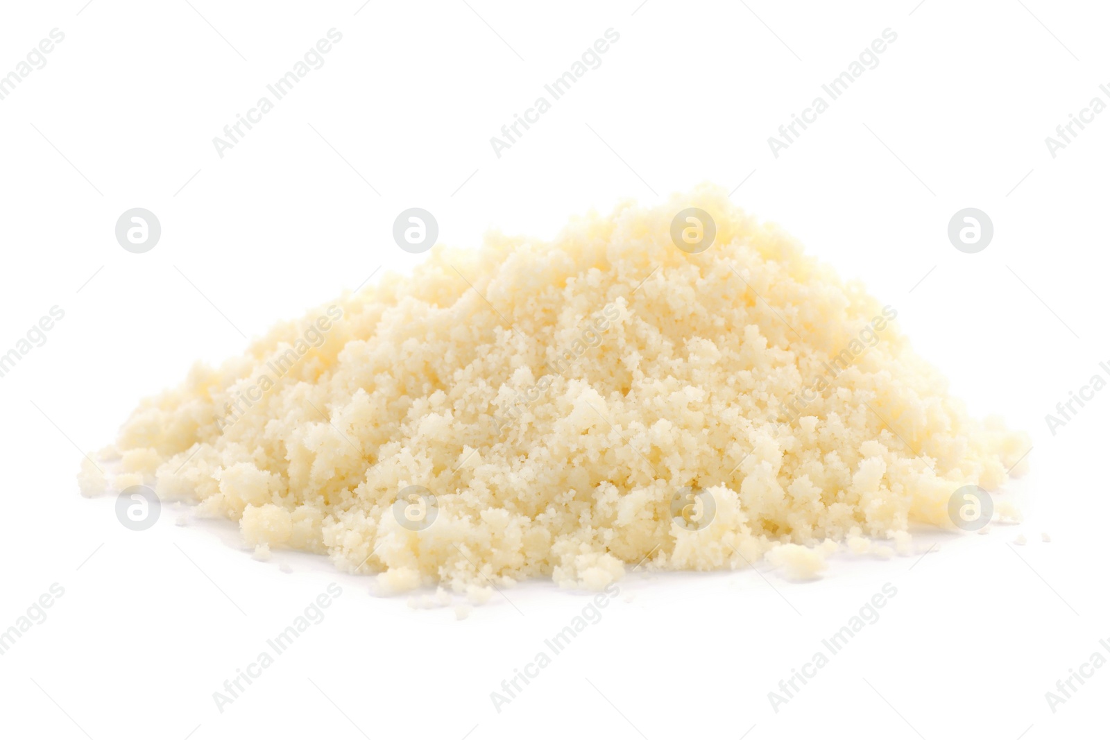 Photo of Pile of grated parmesan cheese isolated on white