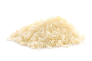 Photo of Pile of grated parmesan cheese isolated on white