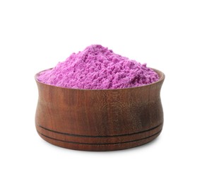 Purple powder dye in bowl on white background. Holi festival