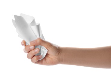 Photo of Woman crumpling paper on white background, closeup