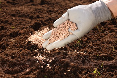 Photo of Man fertilizing soil on sunny day, closeup