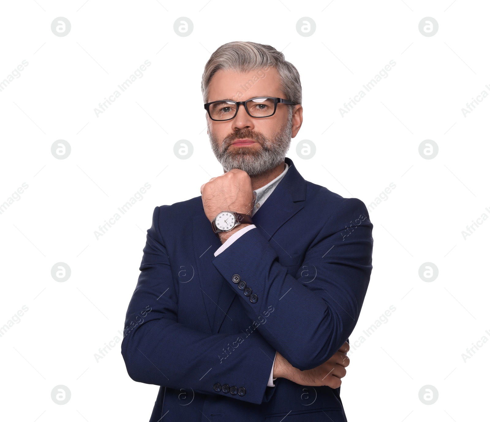 Photo of Portrait of serious man in glasses on white background. Lawyer, businessman, accountant or manager