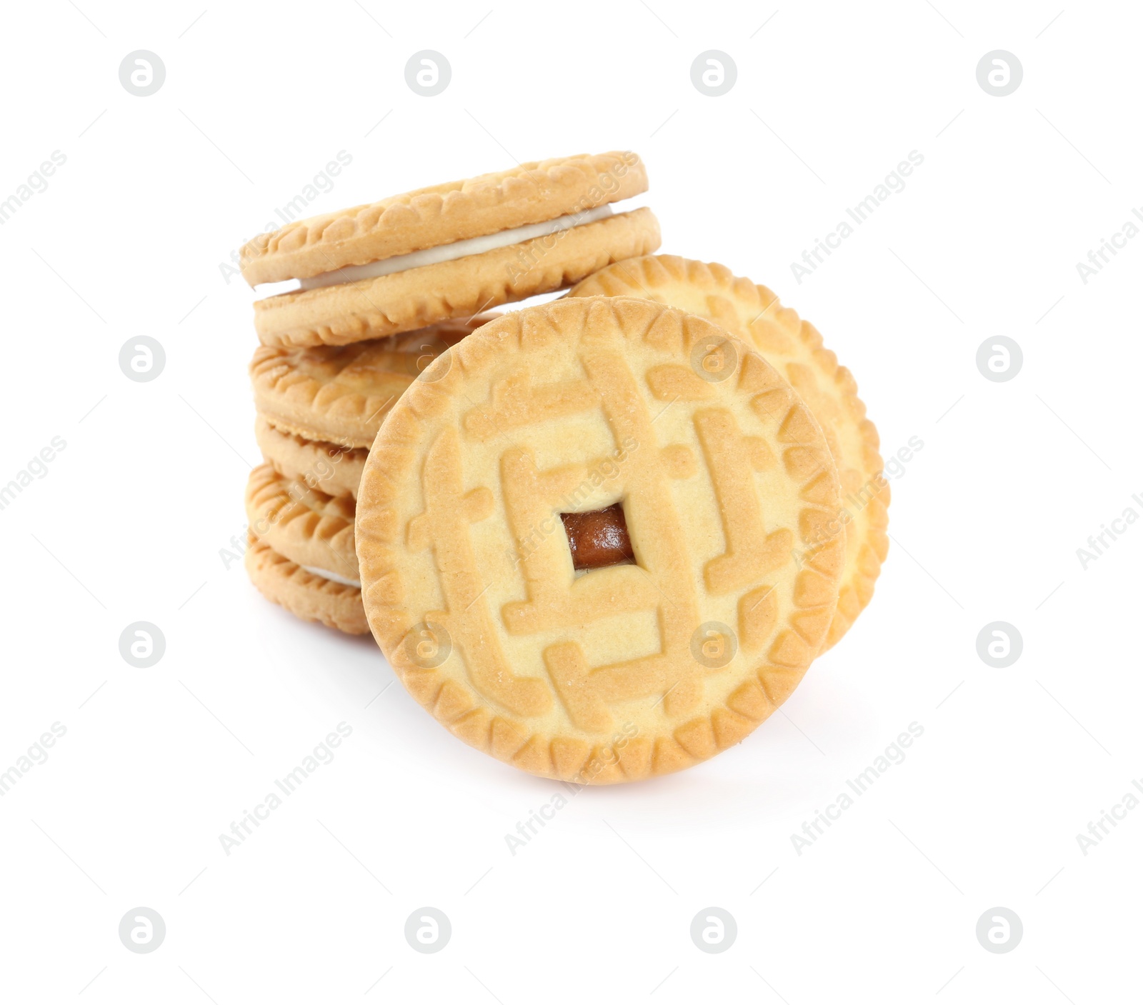 Photo of Tasty sweet sandwich cookies on white background