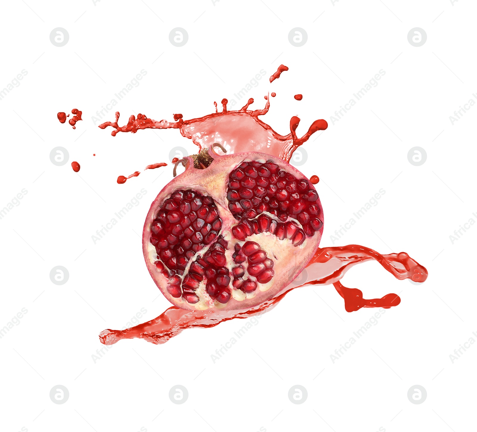 Image of Fresh ripe pomegranate and splash of juice on white background