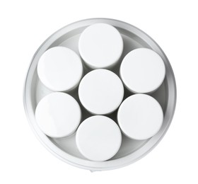Photo of Modern yogurt maker with jars on white background, top view