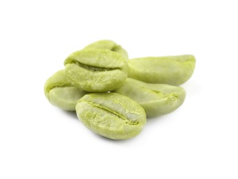 Photo of Pile of green coffee beans on white background