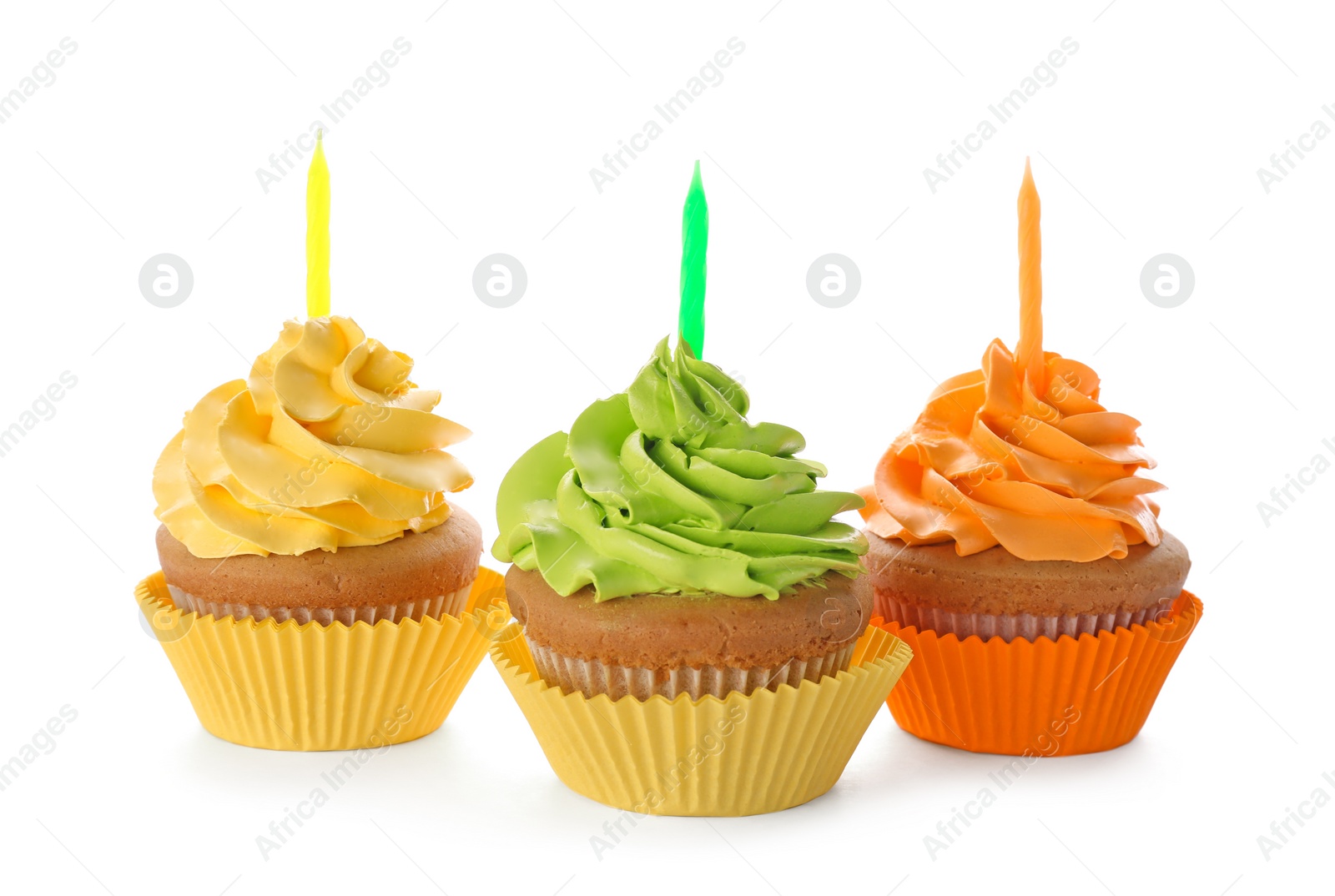 Photo of Birthday cupcakes with candles on white background