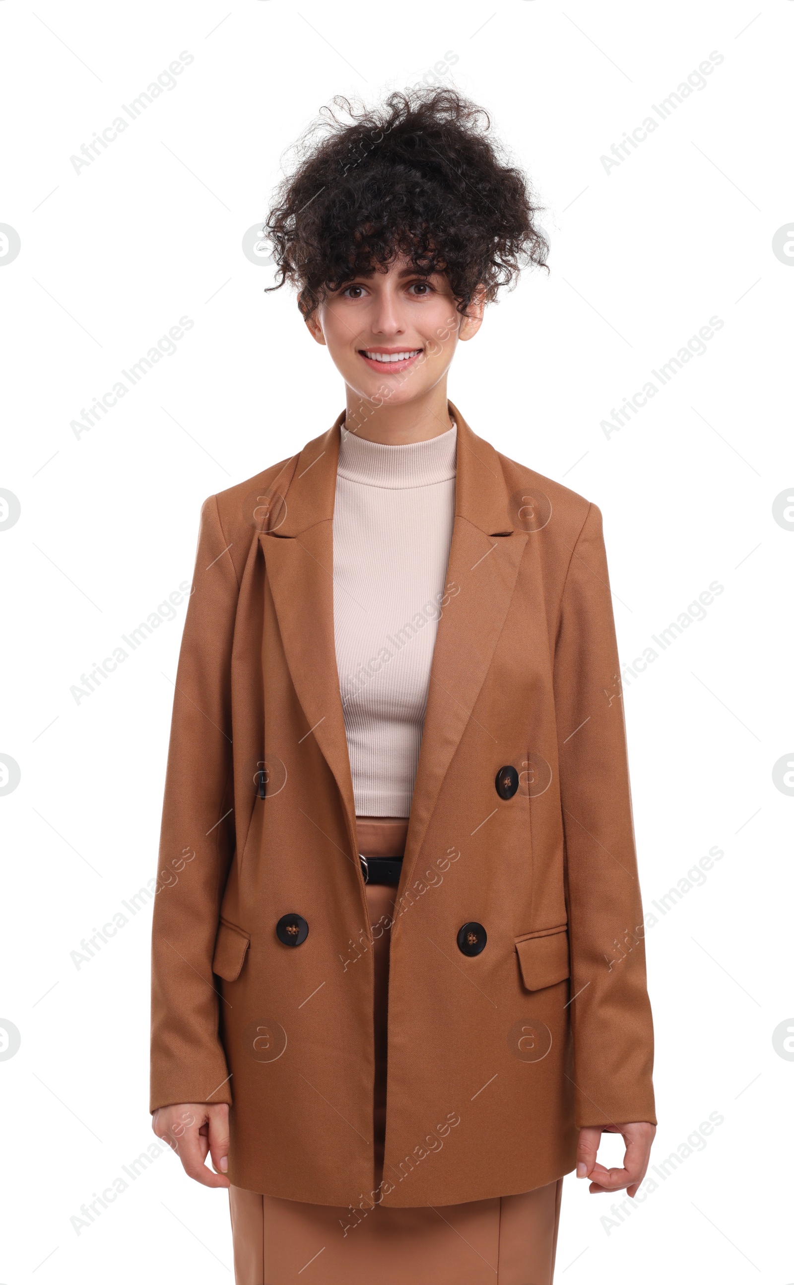 Photo of Beautiful young businesswoman in suit on white background