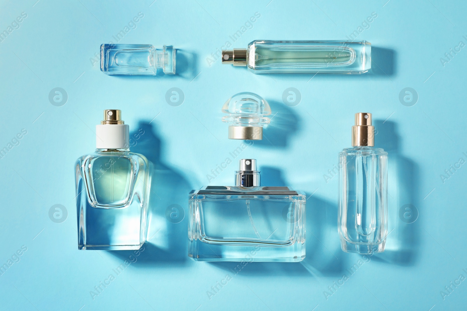 Photo of Bottles of perfume on color background, top view