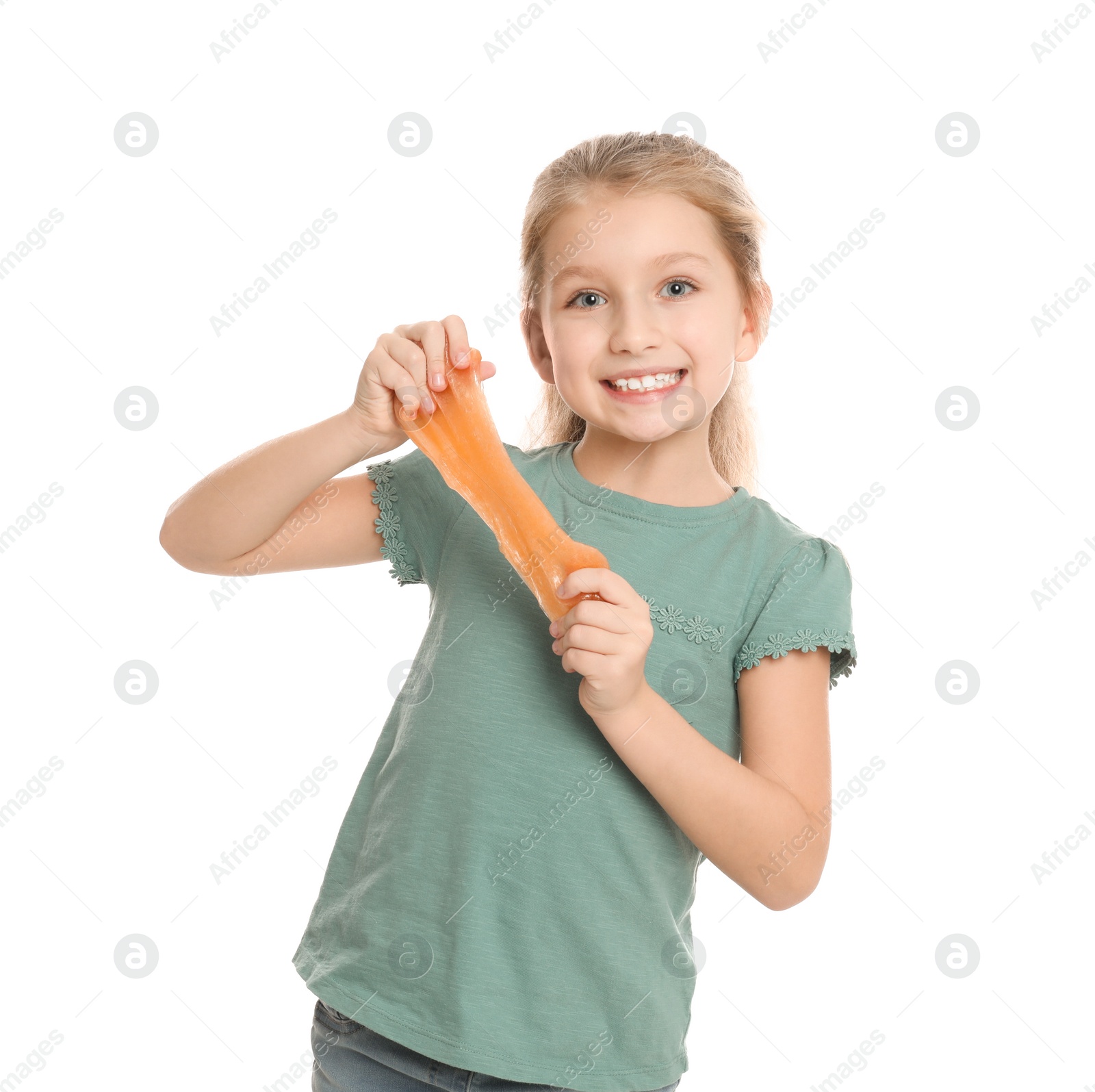 Photo of Little girl with slime on white background