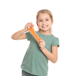 Little girl with slime on white background