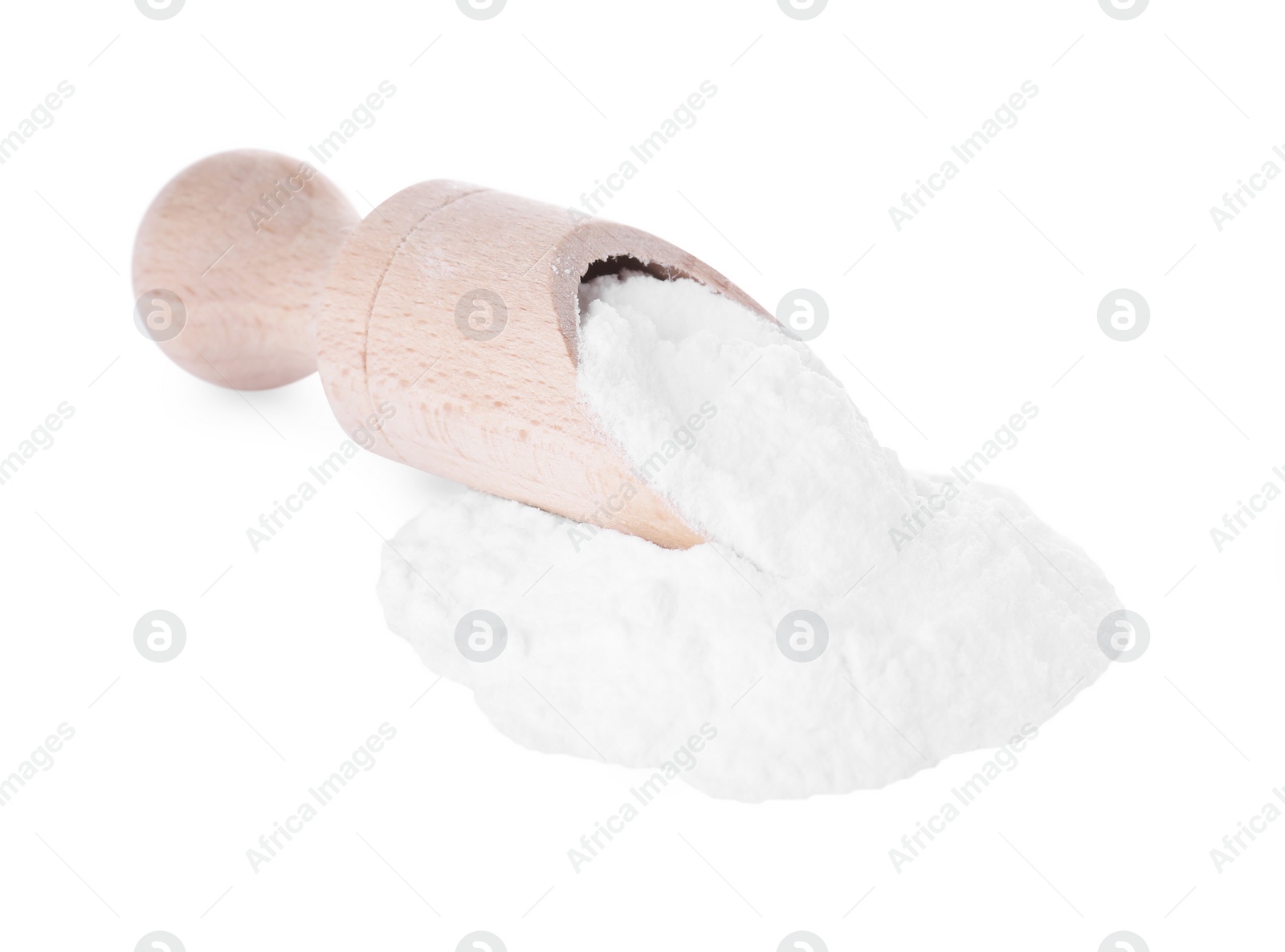 Photo of Wooden scoop and sweet fructose powder isolated on white