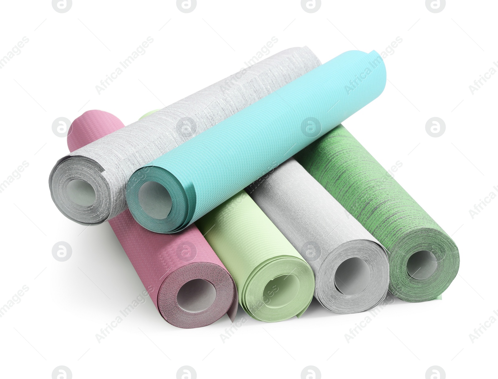 Image of Different colorful wallpaper rolls isolated on white