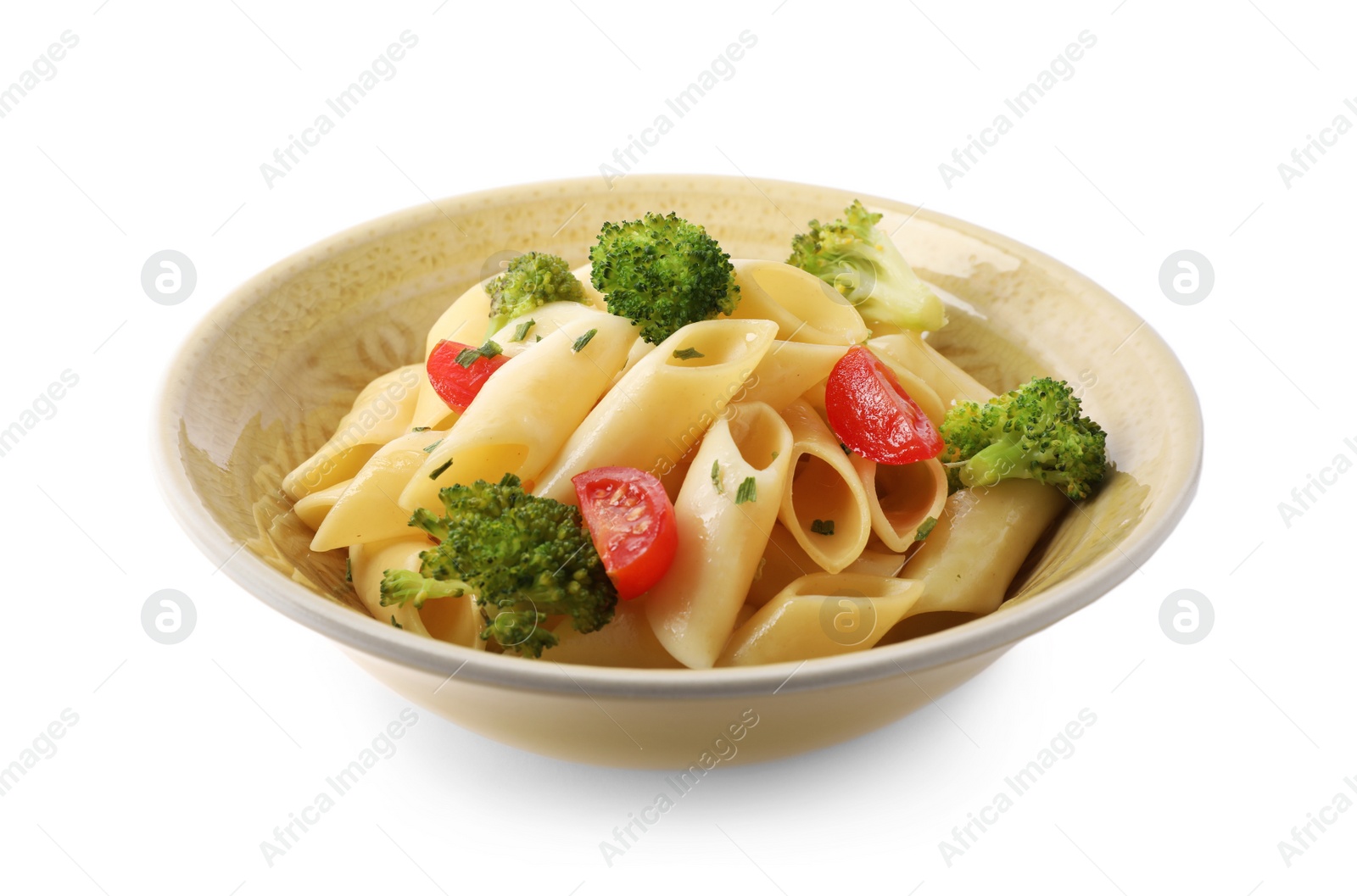 Photo of Tasty pasta with cherry tomatoes and broccoli isolated on white