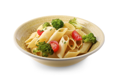 Tasty pasta with cherry tomatoes and broccoli isolated on white