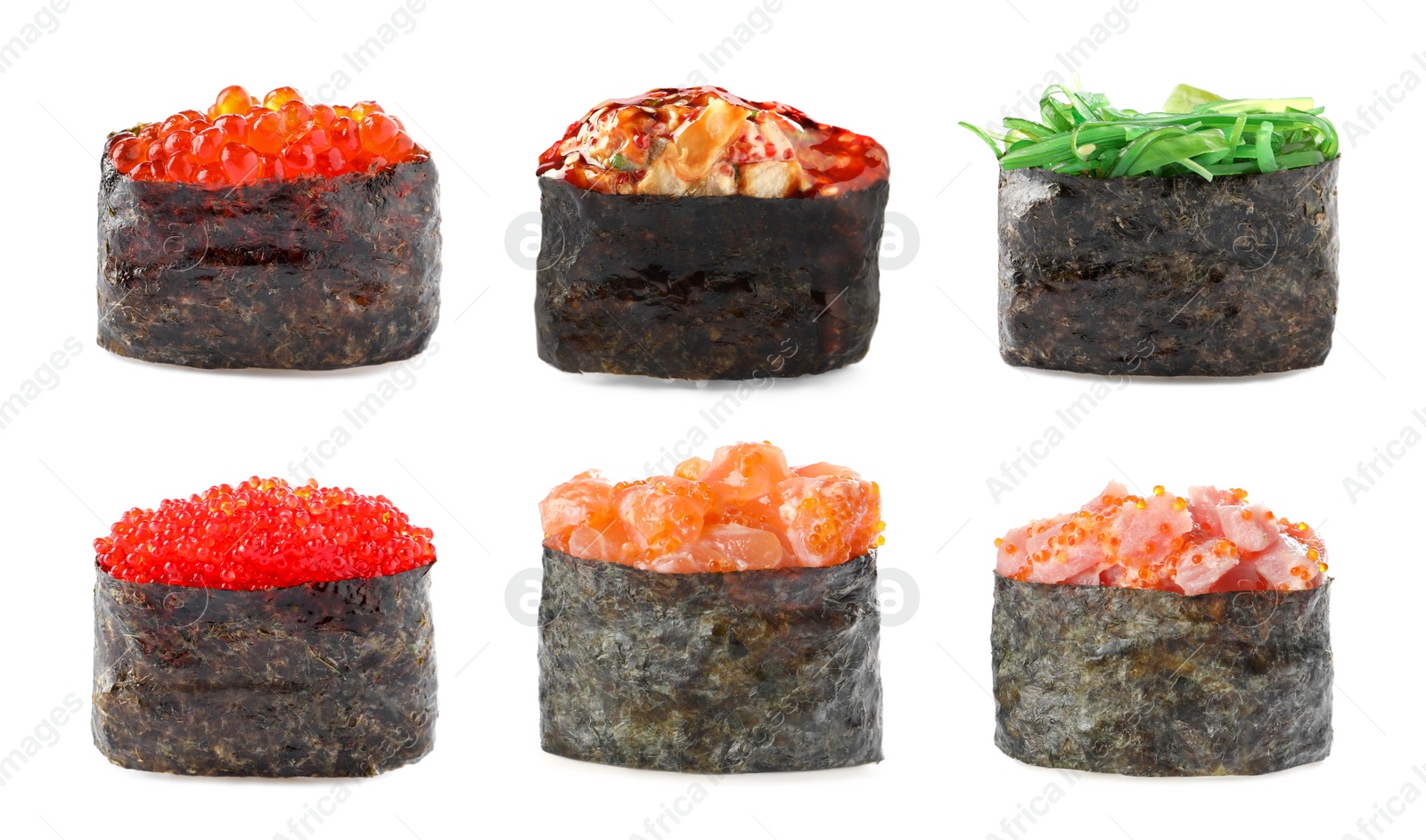 Image of Set with different sushi rolls on white background