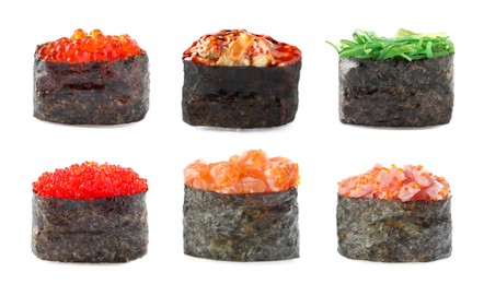 Image of Set with different sushi rolls on white background