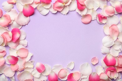 Photo of Frame of beautiful petals on lilac background, flat lay. Space for text