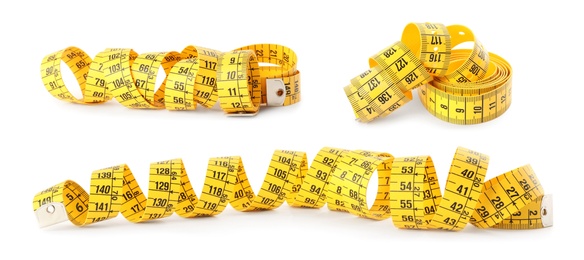 Image of Set of yellow measuring tapes on white background. Banner design