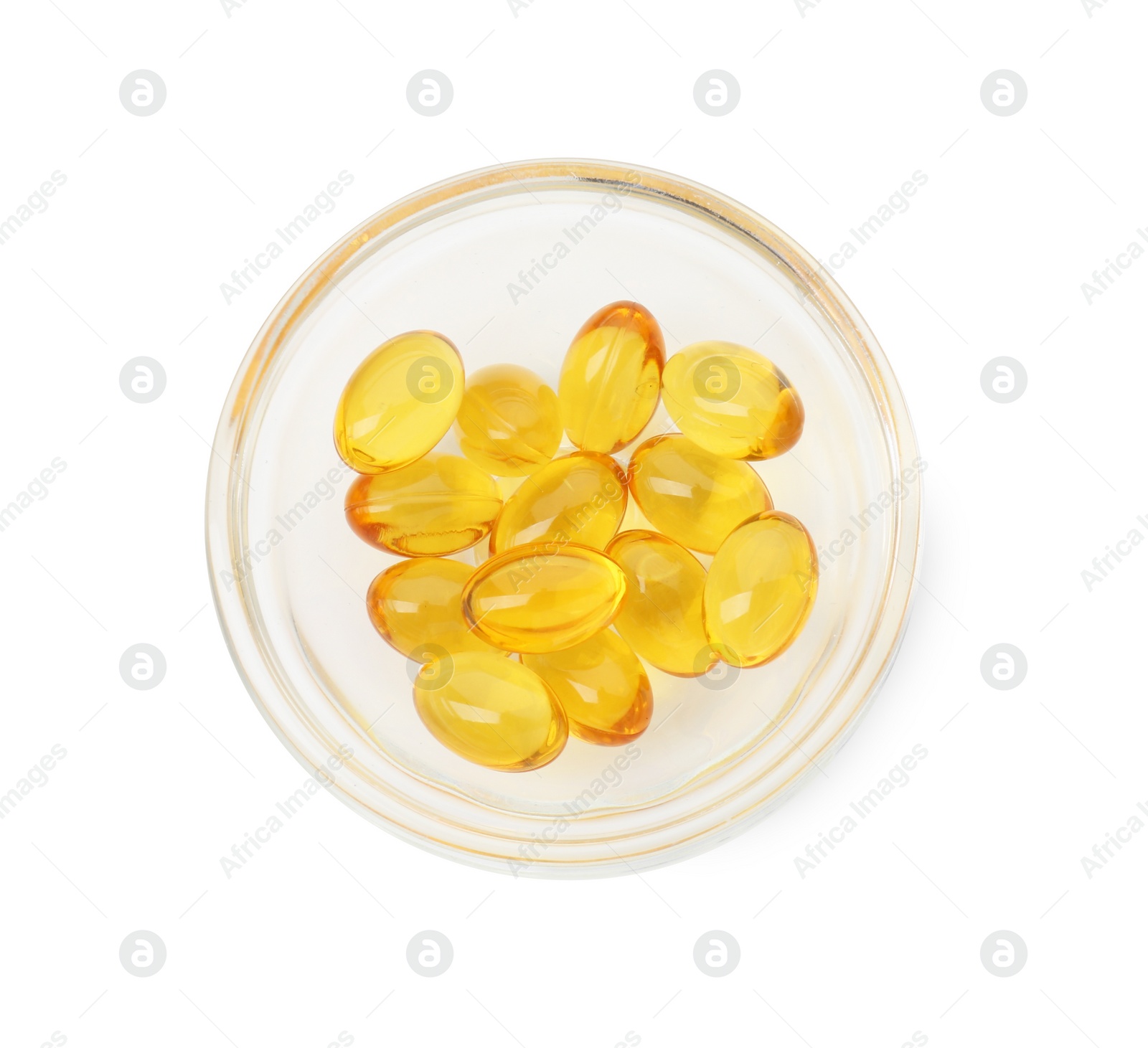 Photo of Vitamin capsules in bowl isolated on white, top view. Health supplement