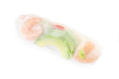 Photo of Delicious spring roll wrapped in rice paper isolated on white, top view