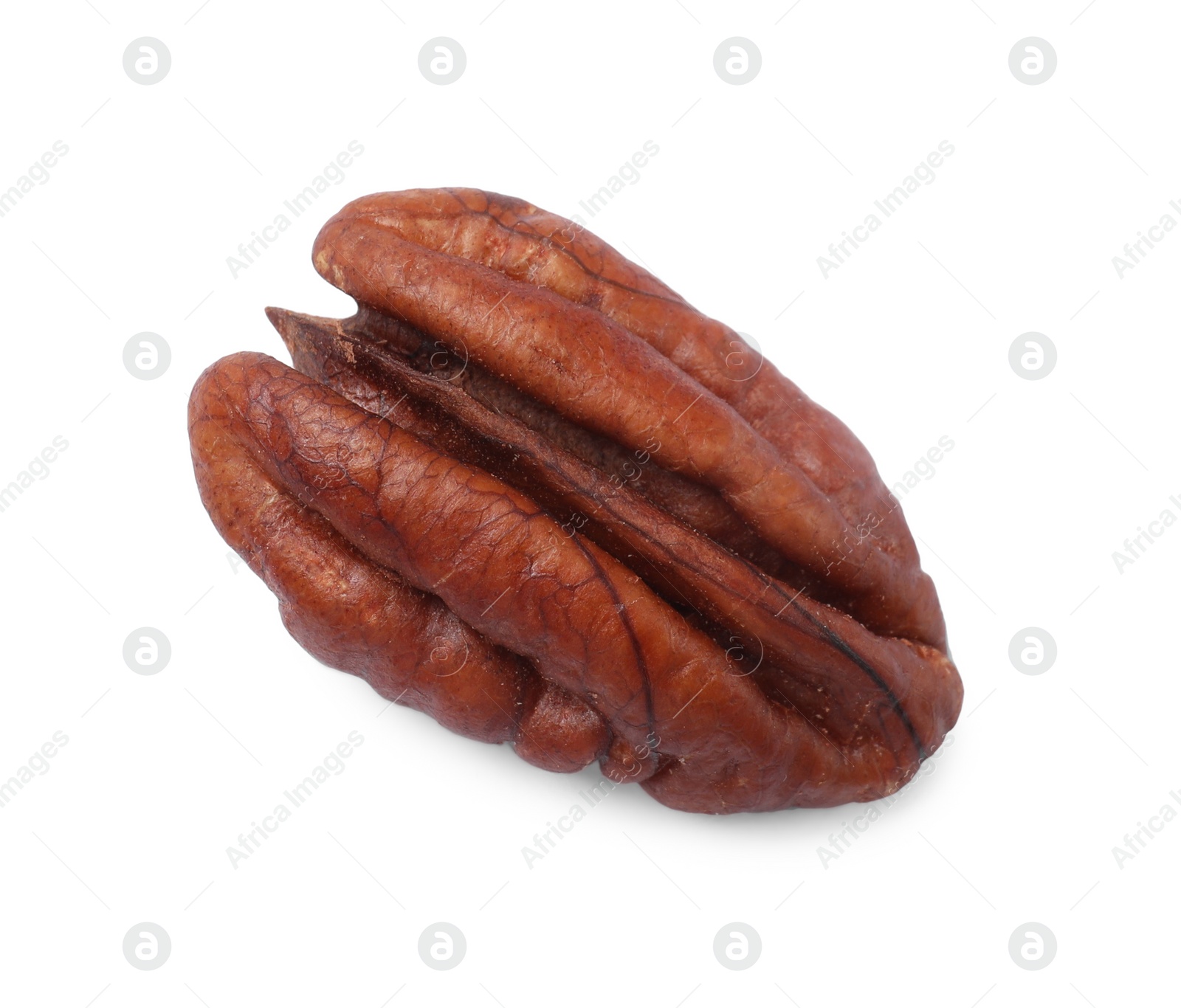 Photo of One tasty pecan nut isolated on white, top view