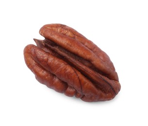 Photo of One tasty pecan nut isolated on white, top view