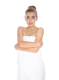 Photo of Portrait of young pretty woman with towel on white background