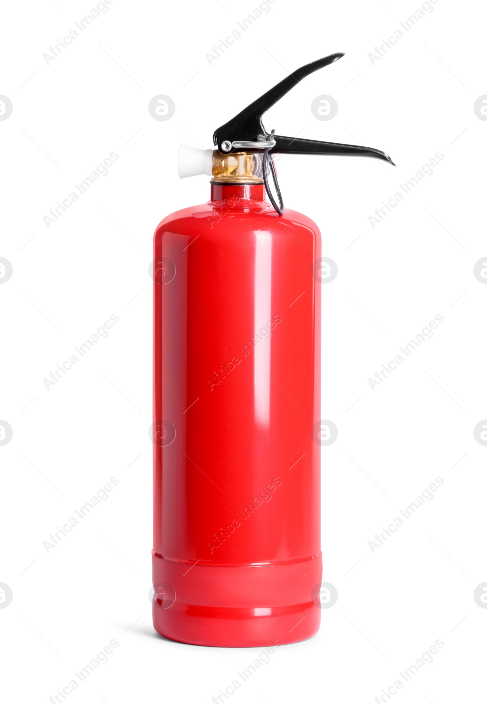 Photo of One red fire extinguisher on white background