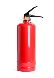 Photo of One red fire extinguisher on white background