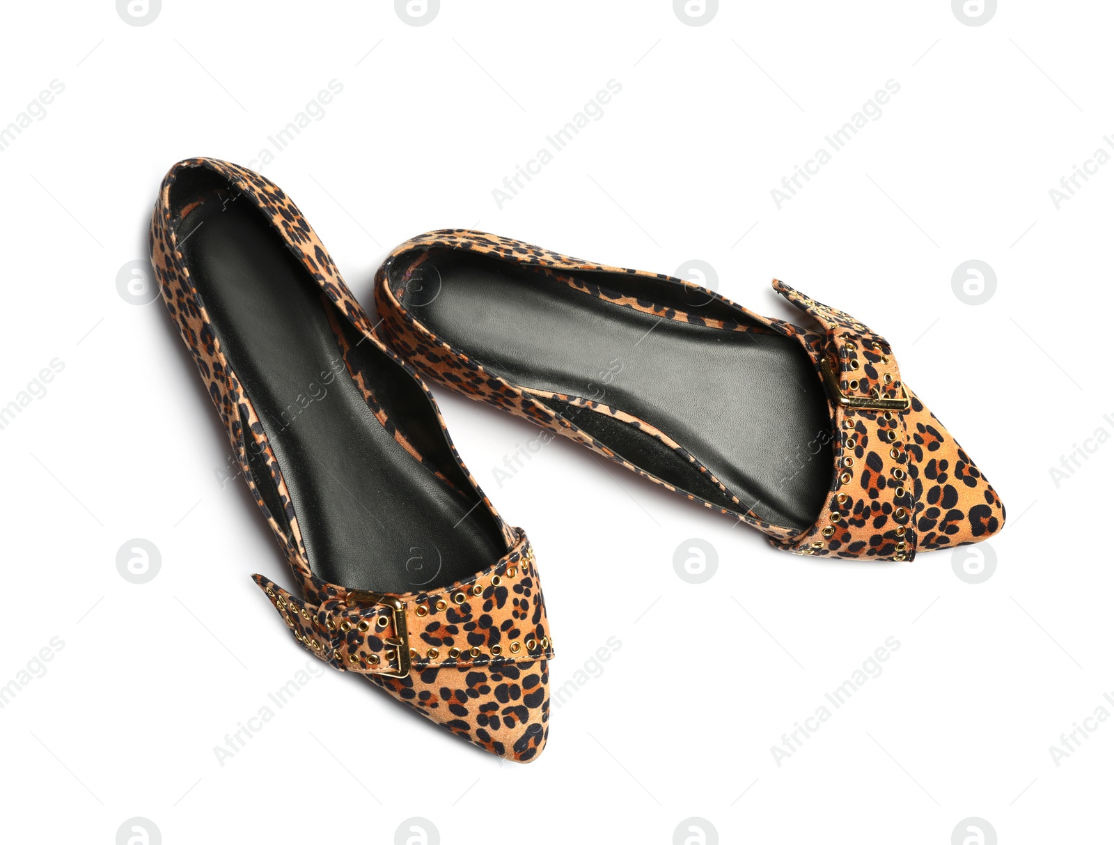 Photo of Stylish female shoes on white background, top view