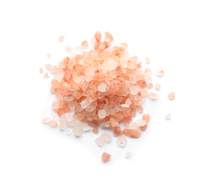 Photo of Pile of pink himalayan salt isolated on white, top view