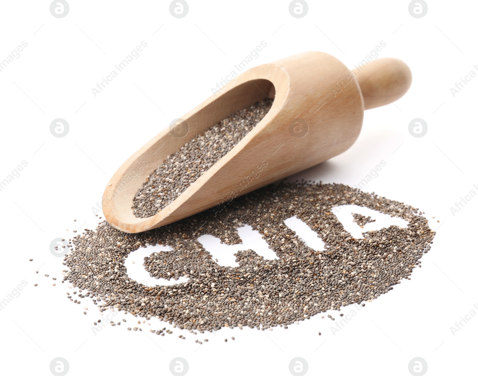 Photo of Scoop and word CHIA written in pile of seeds on white background